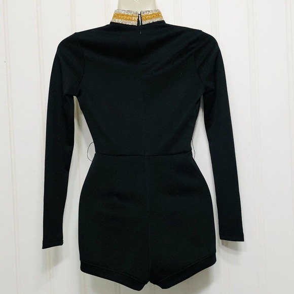 Fashion Nova Romper Black Gold Silver Rhinestone Studs Beads - Picture 9 of 10